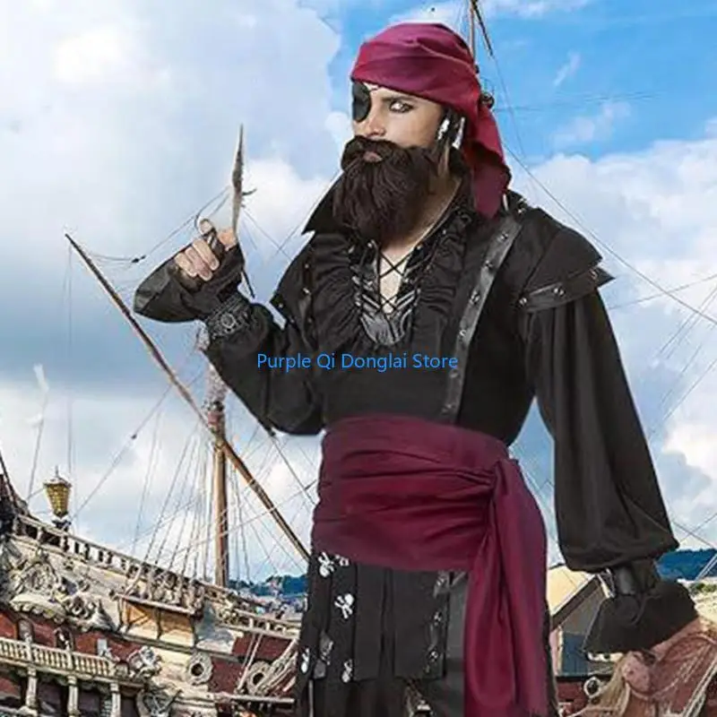 L21E Halloween Piraat Kostuum Vrouwen Mannen Piraat Hoofddoek Bandana Riem Middeleeuwse Vikinges Kostuum Accessoires