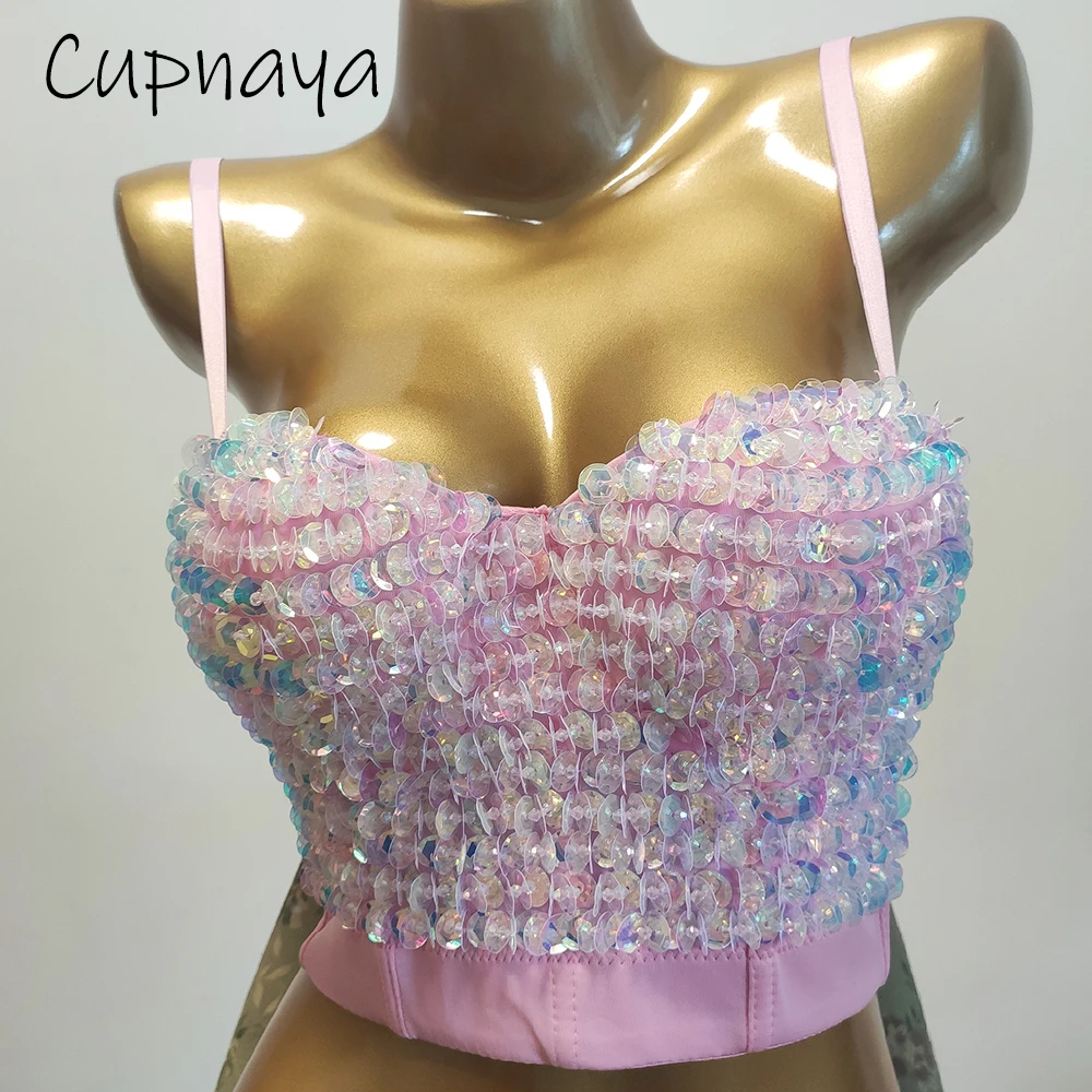 

Cupnaya Sparkly Sequins Women Crop Top Bustier Sexy Corset Push Up Bralette Bar Pub Dance Clubwear Camisole Vest Black Pink