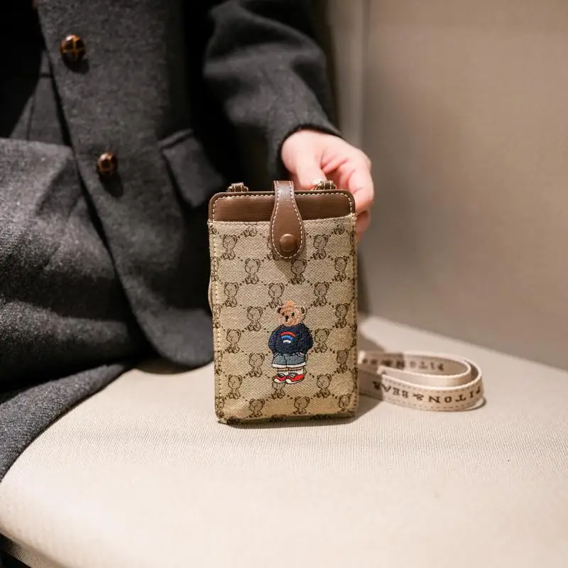 

2025 New Women's Mini Canvas Bag with Bear Embroidery - Cartoon Style, Phone Bag & Wallet, Crossbody for Daily Use