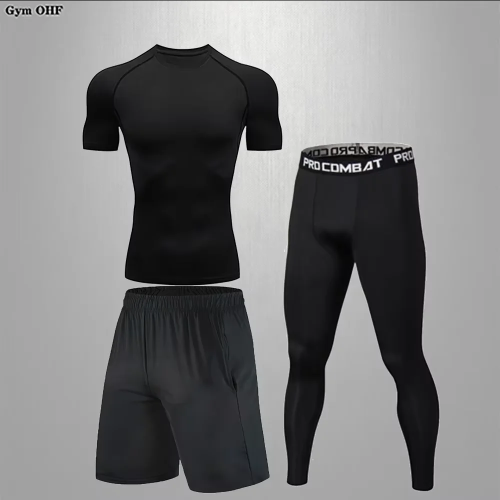 Men's Set Fashionable High Elasticity Compression Tight Fitting Breathable Sweat Absorb Quick Drying Milk Silk Jogging 3pcs Suit