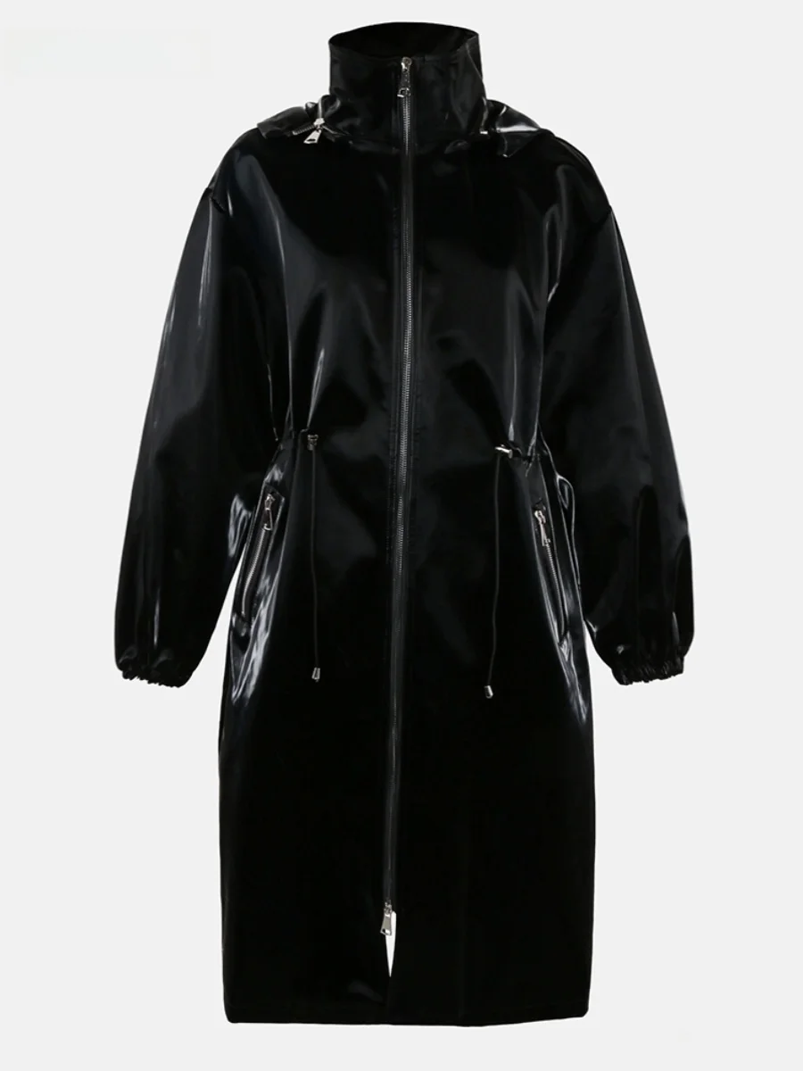 

Nerazzurri Black High Gloss PU Leather Jacket Women's Long Coat Coat with Hood Street Style Loose Fit Water Washed Leather