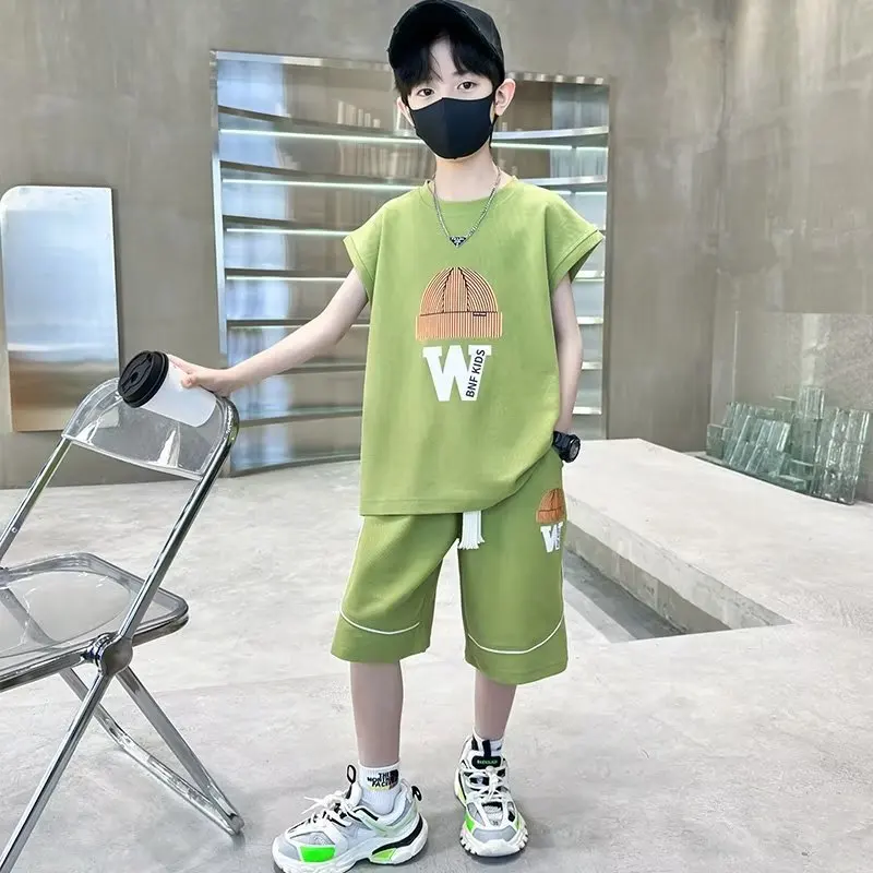 

Summer Baby and Boys Casual Cotton Alphabet Print Waistcoat+Loose Shorts Sets School Kida 2PCS Tracksuit Children Outfit 5-16 Yr