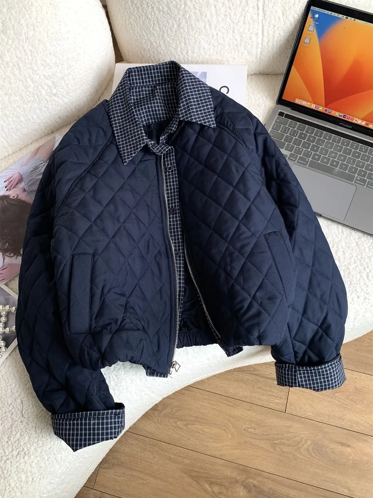 

Retro Plaid Splicing Fake Two-Piece Loose Fit Women's Cotton Jaet Casual Autumn Winter Coat with Polyester Fiber Filling