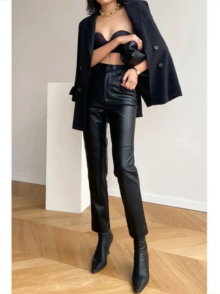 PU Leather Pants Women Autumn Winter Motorcycle Style Nine Point Black Leather Pants