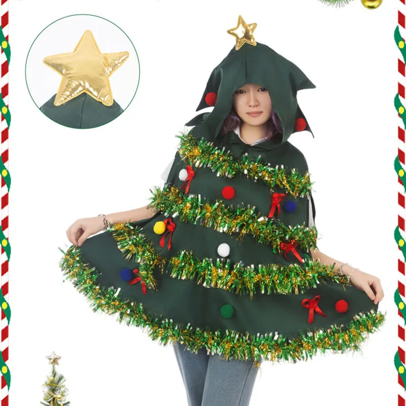 

New Cute Christmas Green Tree Shaped Cosplay Women Tree Skirt Hooded Cape Performance Xmas New Year Adult Holiday Party Costume