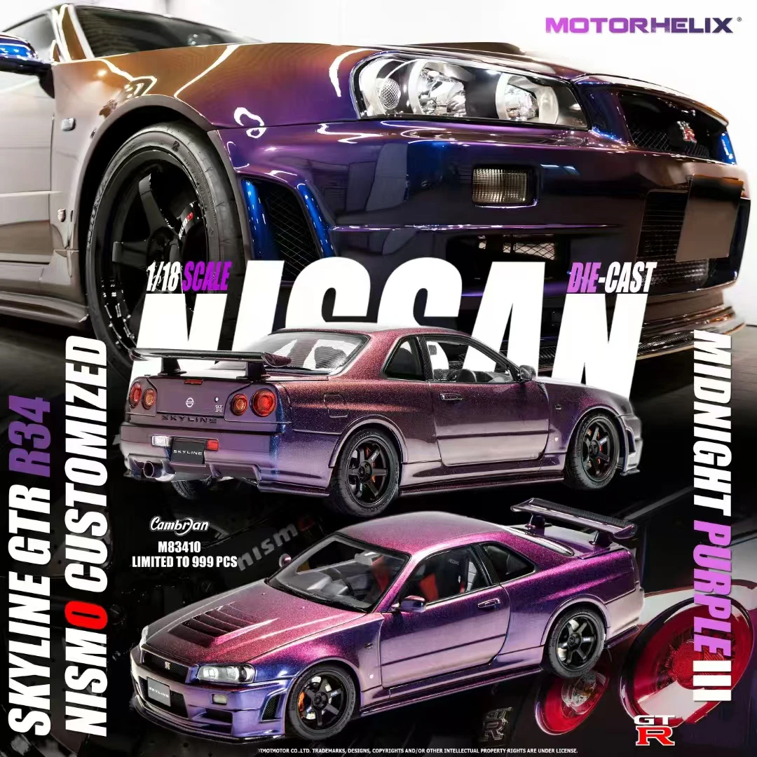 MH Motorhelix 1:18 Skyline GTR R34 CRS Chameleon JDM Simulation Limited Edition All Open Alloy Metal Static Car Model Toy Gift