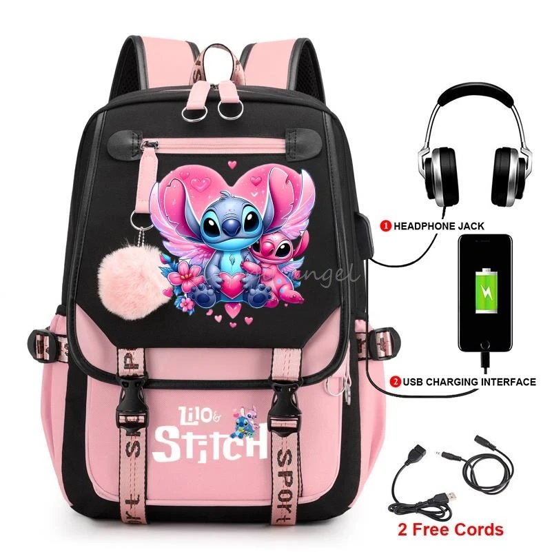 

Hot Fashion Lilo And Stitch New USB Charging Bookbag Women Back Pack Laptop School Bags for Teenage Girls Schoolbag