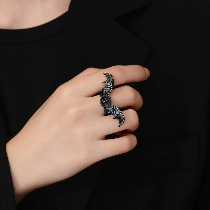 Gothic Bat Wing Adjustable Open Ring Vintage Dark Halloween Copper Ring for Men Women Punk Statement Jewelry Gift