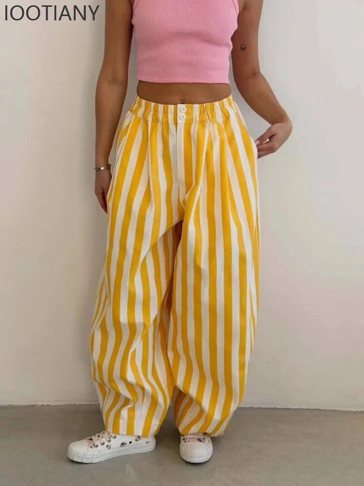 

IOOTIANY Office Lady Casual Pant High-waisted Striped Wide-leg Pants Versatile Style 2026 Summer New Wide-leg Trousers