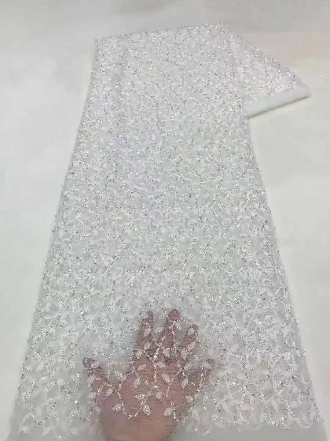

5Yards Nigerian Flocking Velvet Sequins Lace Fabric 2025 High Quality African Heavy Beaded And Pearls For Woman Party Dresses