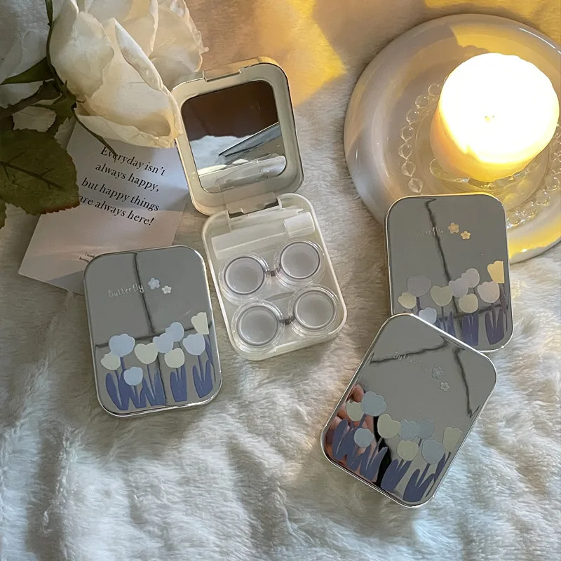 Women Cosmetic Lens Container Portable Travel Set Beauty Pupil Lens Storage Case Fashion Silver Floral Contact Lens Case