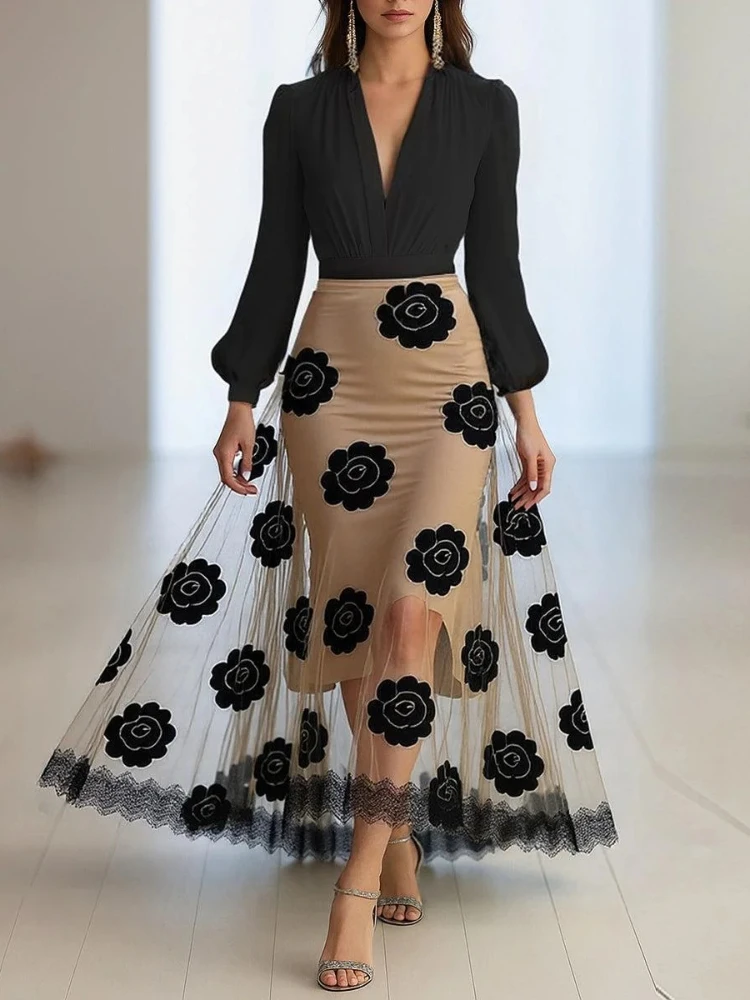 فستان أنيق لصق على شكل حرف V وأكمام طويلة تنورة الورك النحيفة بخصر عالٍ فستان مطبوع عليه زهور من الدانتيل الشبكي فساتين الحفلات المثيرة