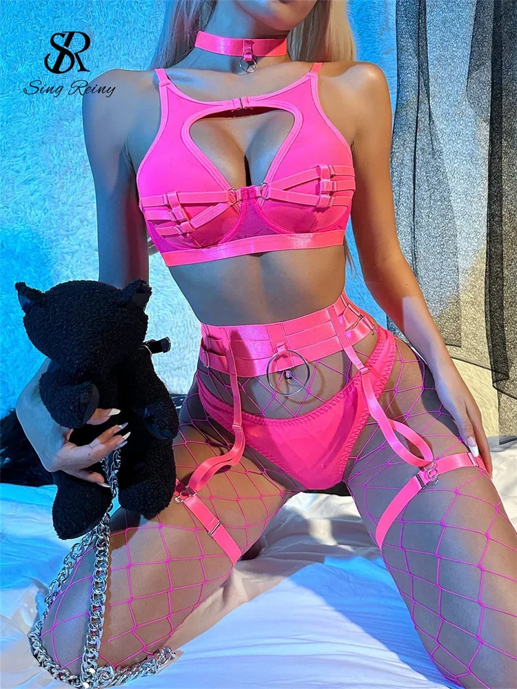 

SINGREINY Erotic Club Bra&Briefs Suits Sexy Lingerie Women Hollow Out Spliced Nets Shapewear Bandage Slim Corset Underwear Sets