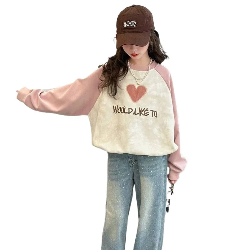 2025 الشتاء الخريف موضة المرقعة الفتيات ملابس المراهقين القلب هوديس بلوزات فضفاضة بلايز الاطفال تي شيرت 4 6 7 8 9 10 12 سنة