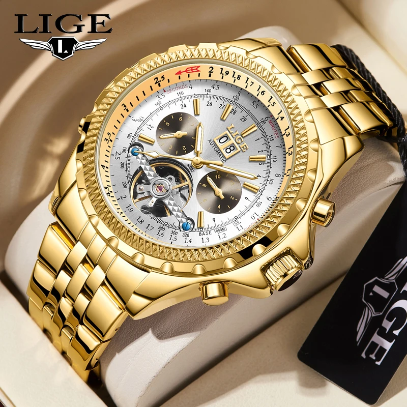 LIGE Fashion Luxury Mechanical Man Watch Automatic Tourbillon Top Brand Watches for Men Stainless Luminous Waterproof Date Clock