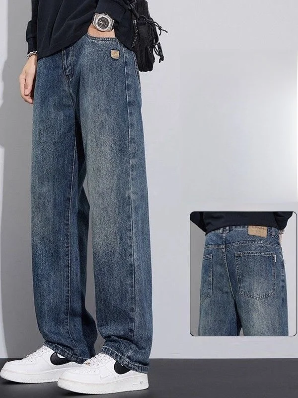 

Elastic Casual Jeans Men's Loose Straight Leg Workwear Durable Cotton Stretch Denim mid Waist Zipper Closure Commute Friendly