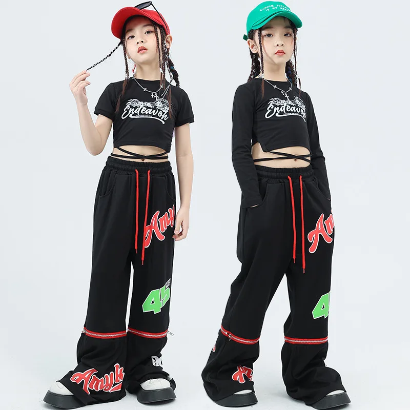 

Kid Hip Hop Clothing Lace Up Crop Top Long Sleeve T Shirt Black Letters Street Flare Pants for Girls Jazz Dance Costume Clothes