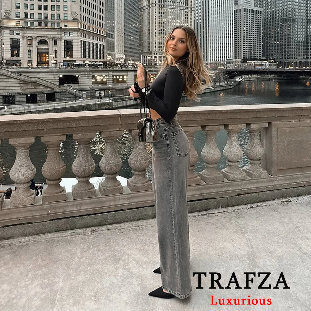 TRAFZA Streetwear High Waist Trousers Women Light Gray Buttons Wide Leg Trousers Female Fashion 2025 Young Lady Causal Pants