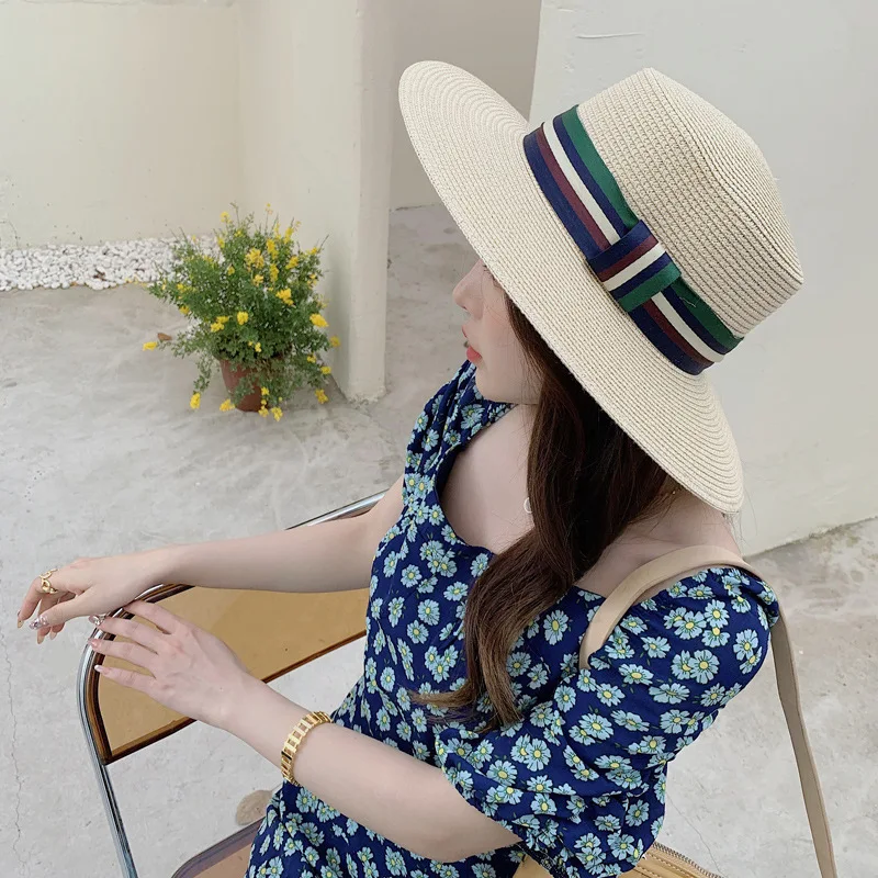 Simple Solid Color Handmade Straw Hats For Women\'s Summer Beach Sunshade Bucket Hat Autumn Retro Panama Flat Top Hat