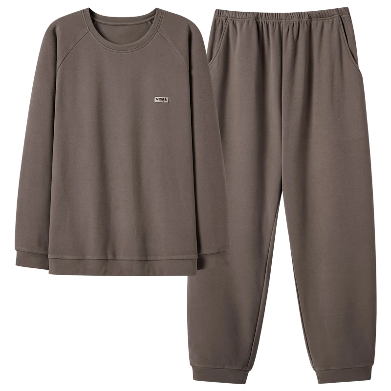 Men O-Neck Pullover Pajamas Set Thin Velvet Male Long-sleeved Autumn Winter Pyjama Loose Men Home Set Solid Sleepwear Tops+Pants