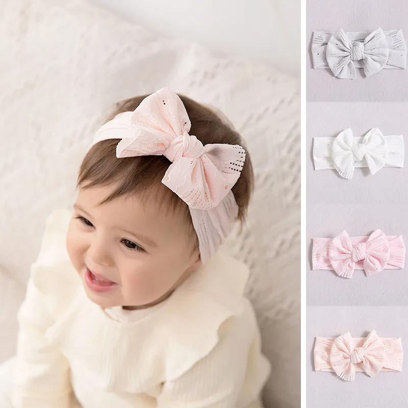 

Hollow Bow Baby Headband Solid Color Nylon Elastic Wide Hairbands 0-2Year Boy Girl Bowknot Headdress Kids Hair Accessories