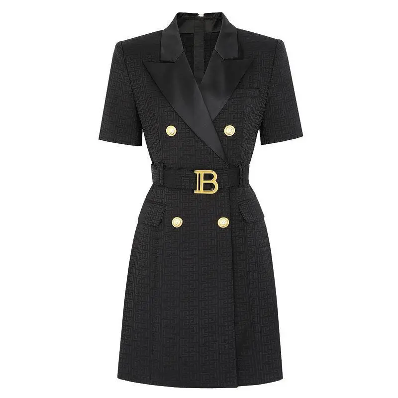 

Summer New Style Commuter High Waist Acetate Fabric Slim Fit Short Sleeve Suit Dress with Embroidery for Women Workwear