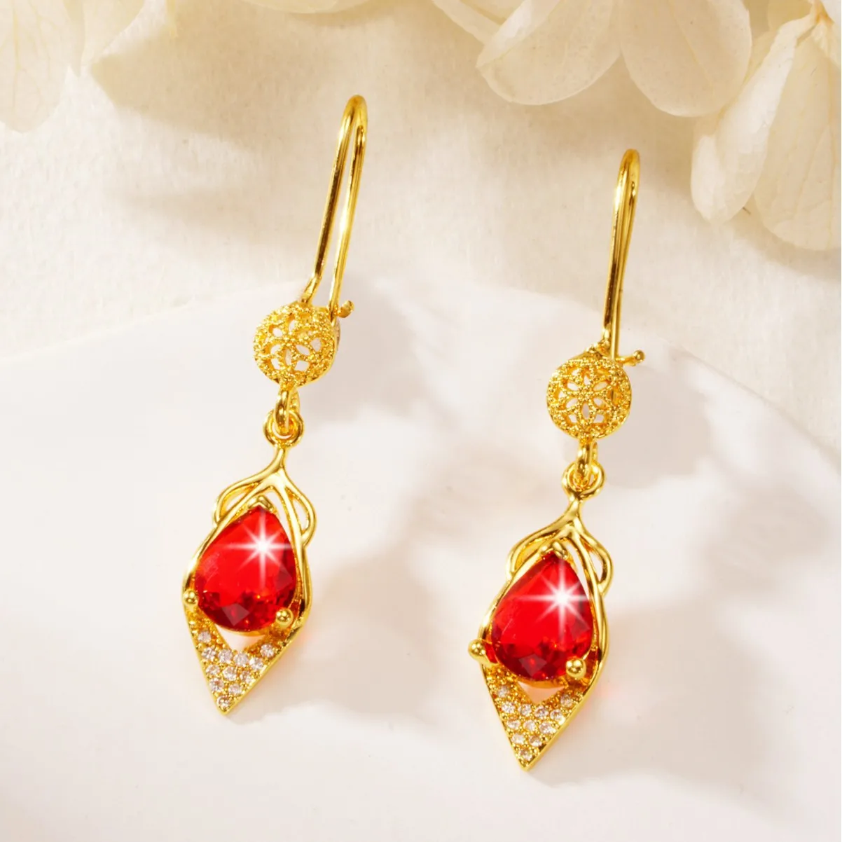 Huixing high-end red zircon earrings women's spring and summer new simple temperament fashion super fairy water drop earrings ea