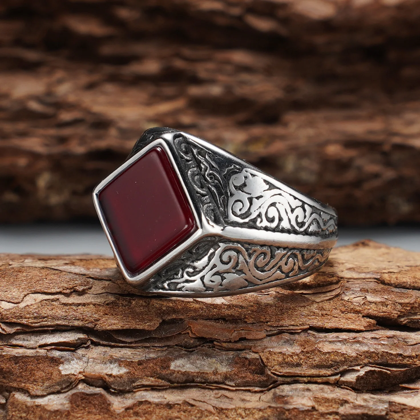 Vintage Gravierter Rhombus-Achat Herrenring, 316L Edelstahl Trendiger Statement-Schmuck – Detail 9