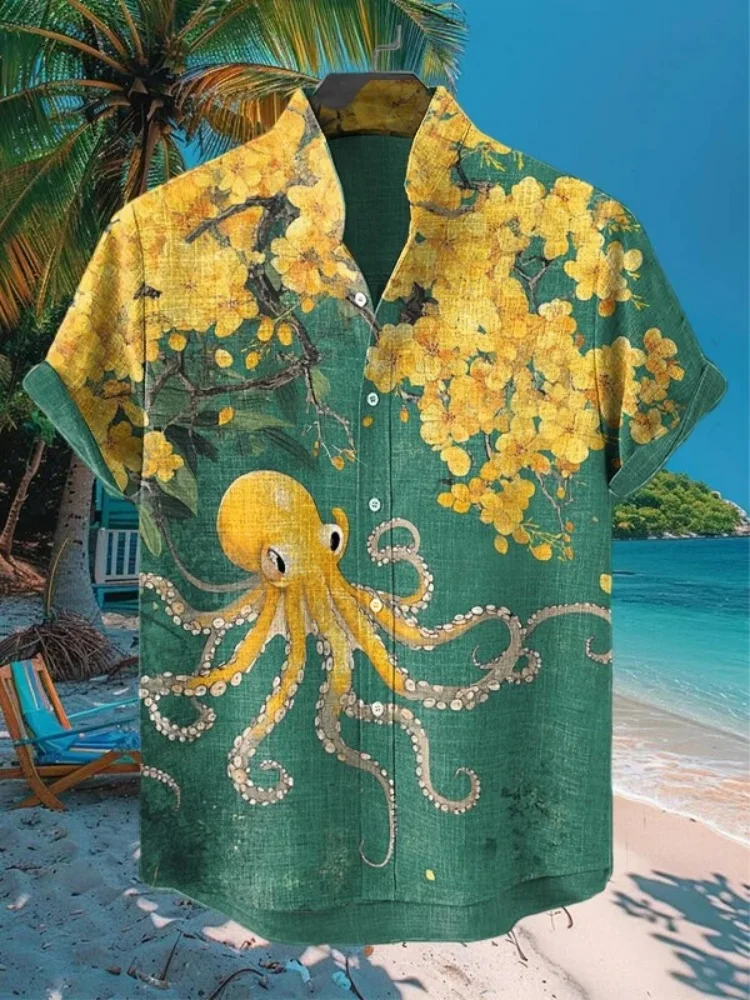 

Мужская повседневная рубашка с принтом осьминога и желтых цветов, однобортная пляжная богемная рубашка с короткими рукавами, мужская зеленая одежда 2025
