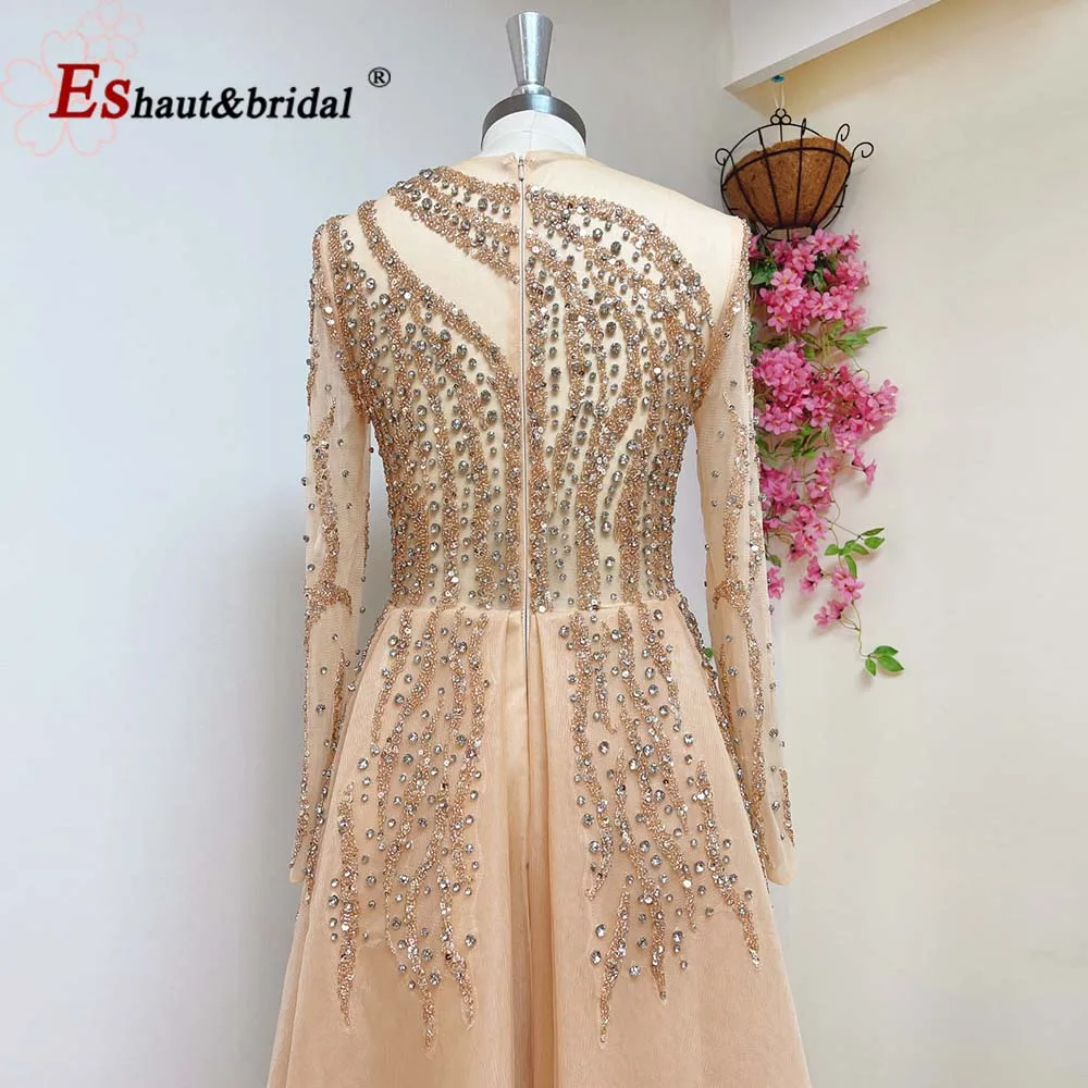 Robe de soirée élégante en cristal pour femmes, col rond, manches longues, perles d'aline, longueur de rinçage, Rh, fête de mariage, occasion formelle