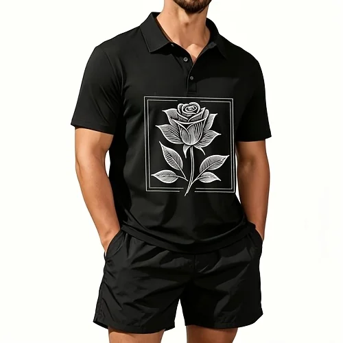 Men's Summer Casual Printed Suit Continuous Line Rose Petal t Shirt Suitable for Everyday Wear, Featuring a Printed Design