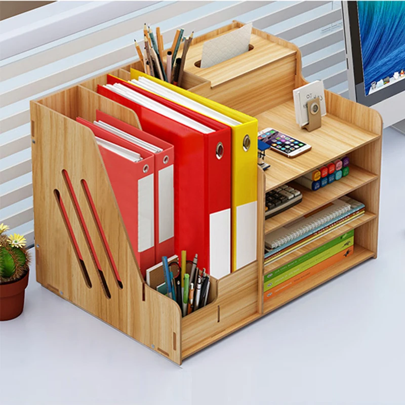 

New Multi-function Desktop Organizer Wooden Storage Box Office File Tray Adjustable Wood Display Shelf Tissue Holder With Drawer