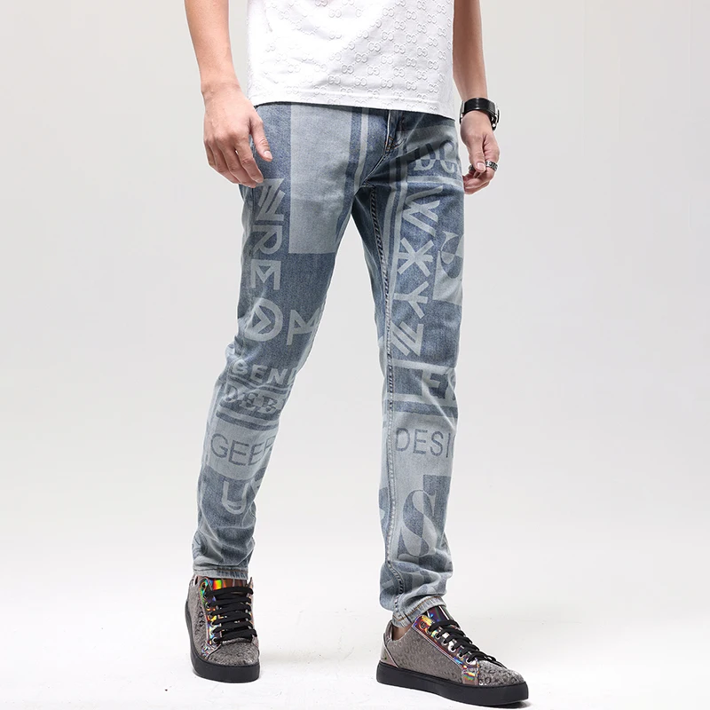 2024New High-End Jeans Men's Fashion Printed All-Matching Street Cool Handsome Slim-Fitting Skinny Trousers