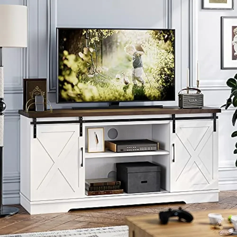 Living room TV cabinet, designed for a 65 inch TV with storage space and sliding barn door, modern media console, white