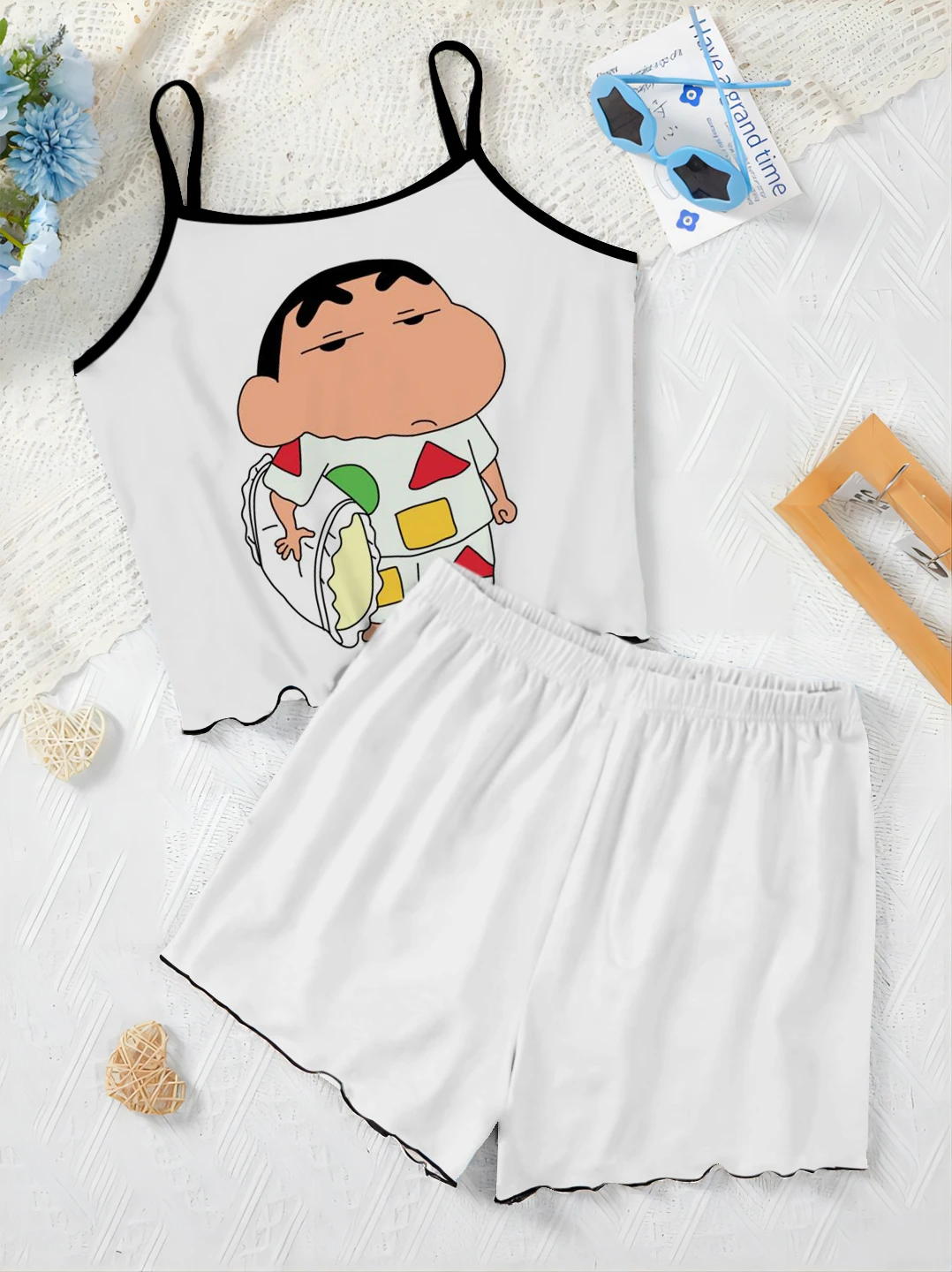 Pajama Skirt Crayon Shin-chan Women\'s Suit Top Slip Dress Short Sets Lettuce Trim Satin Surface T-shirt Pieces Elegant Home Top