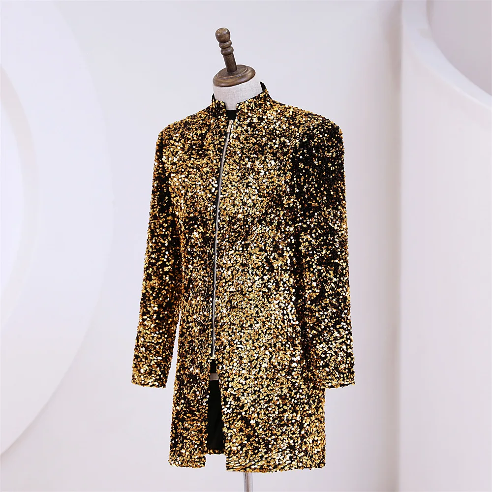 Chaqueta larga de lujo para hombre, Blazer dorado brillante, traje con cremallera y cuello levantado, trajes de cantante de fiesta, espectáculo,