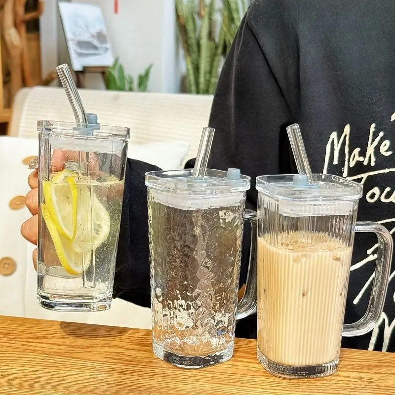 Tazza quadrata in vetro trasparente da 250ML con coperchio e cannuccia tazza da caffè con ghiaccio freddo succo tazze da tè al latte per bicchieri