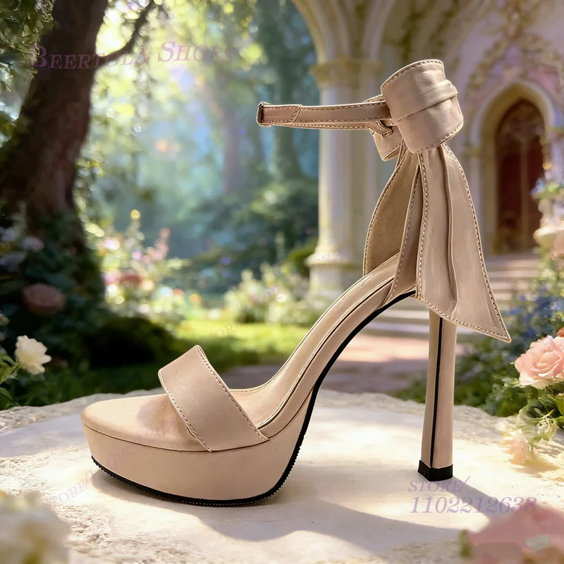 

Light Skin Silk Lace Up Platform Heel Women Khaki Satin Stiletto Strappy Open Sandal Bow Ribband Pleated Pump Girls Elegant Shoe