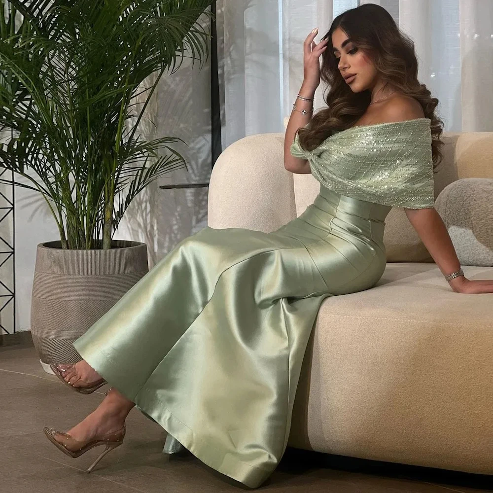 

Welove Light Green Beaded Off Shoulder Prom Dresses Ankle Length Ruffle Mermaid Formal Occasions Dress New 2023 Saudi Arabia