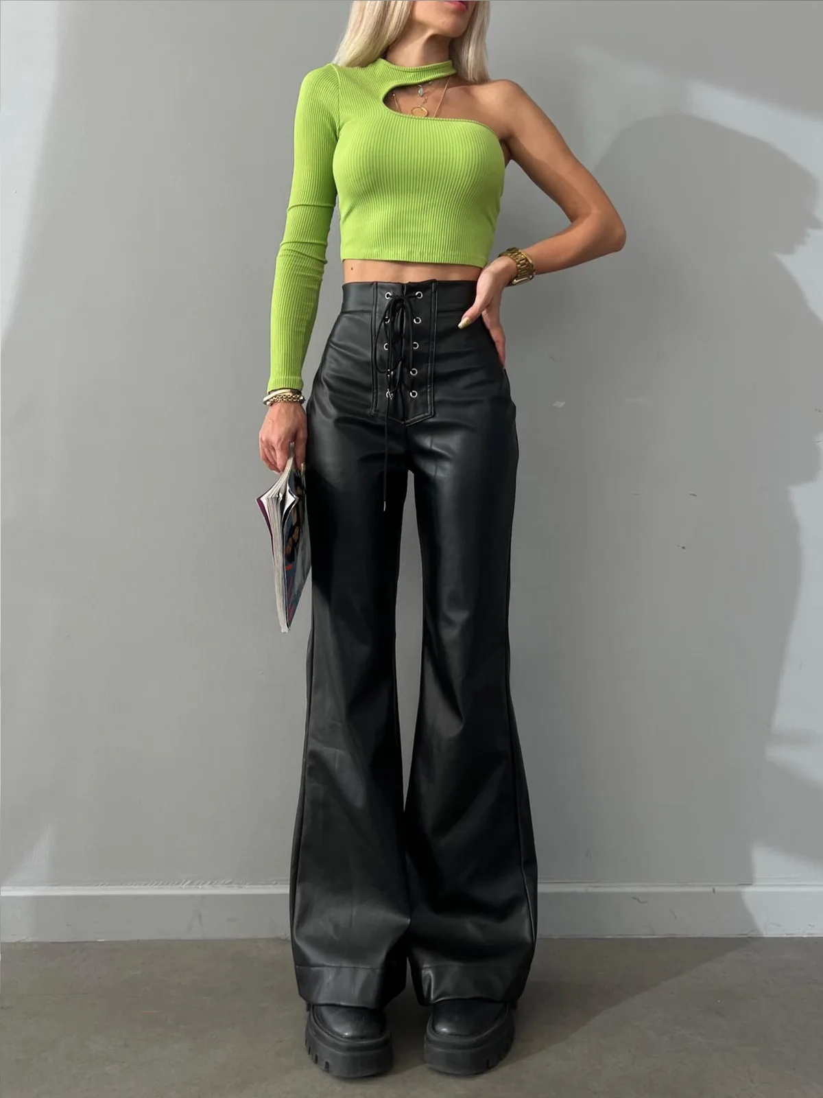 

Sexy Women PU Leather Pants High Waist Stretchy Solid Office Lady Flare Pants Bootcut Drawstring Skinny Chic Straight Trousers