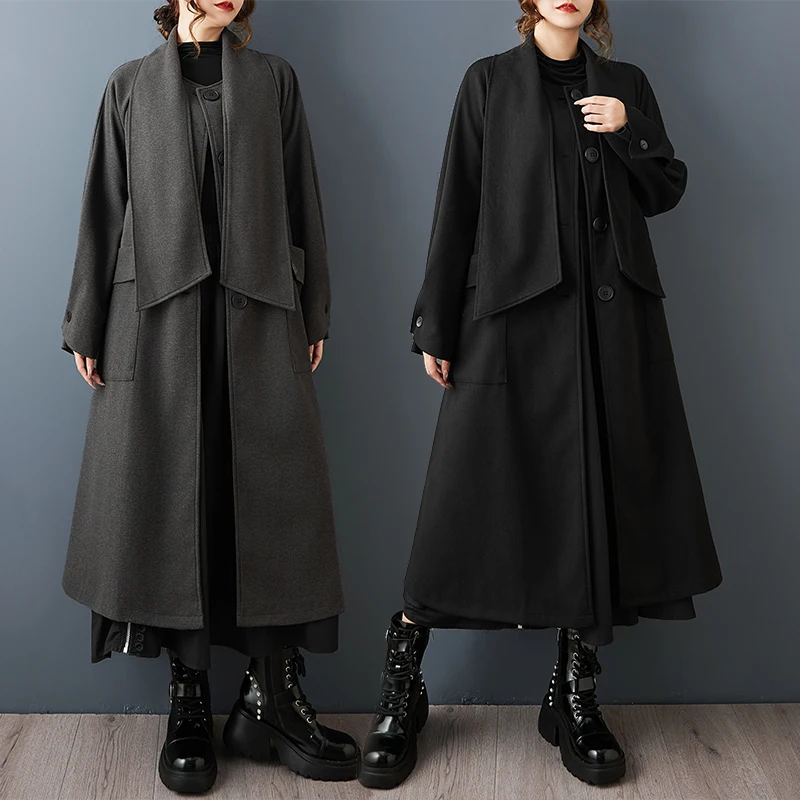 

Повседневное художественное длинное пальто, осень-зима, модная корейская версия, свободная шерстяная куртка средней длины, застежка на одной пуговице, чистая C...