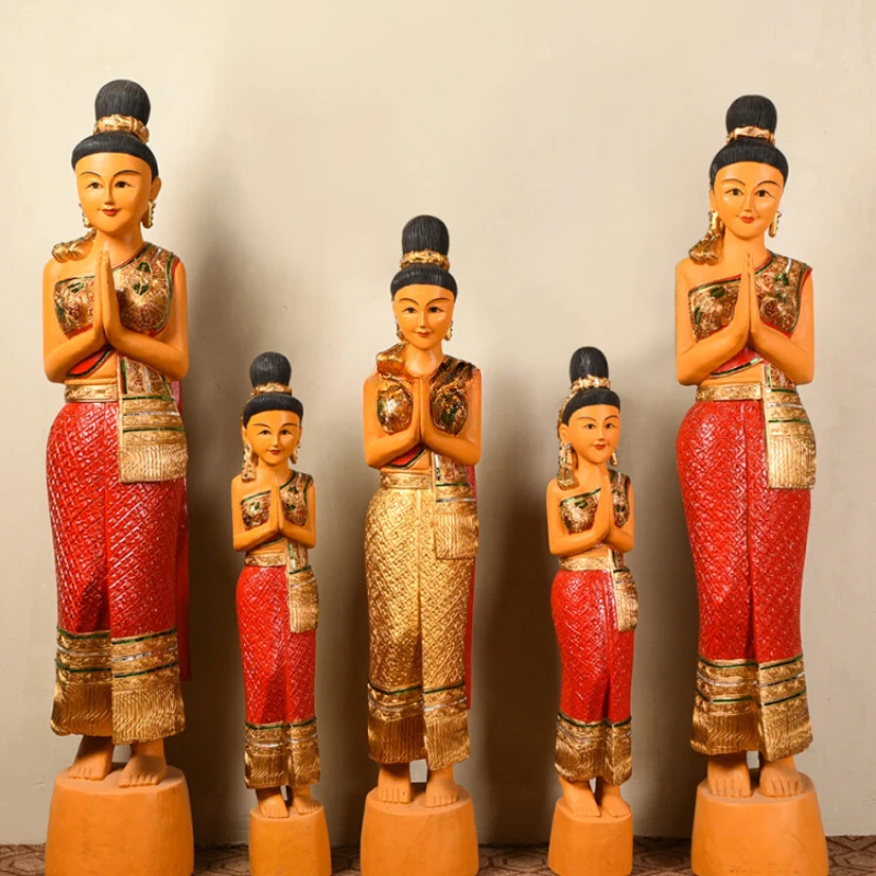 Wood Carving Thai Restaurant Welcome Female Hallway Doll Soft Decorative Ornaments