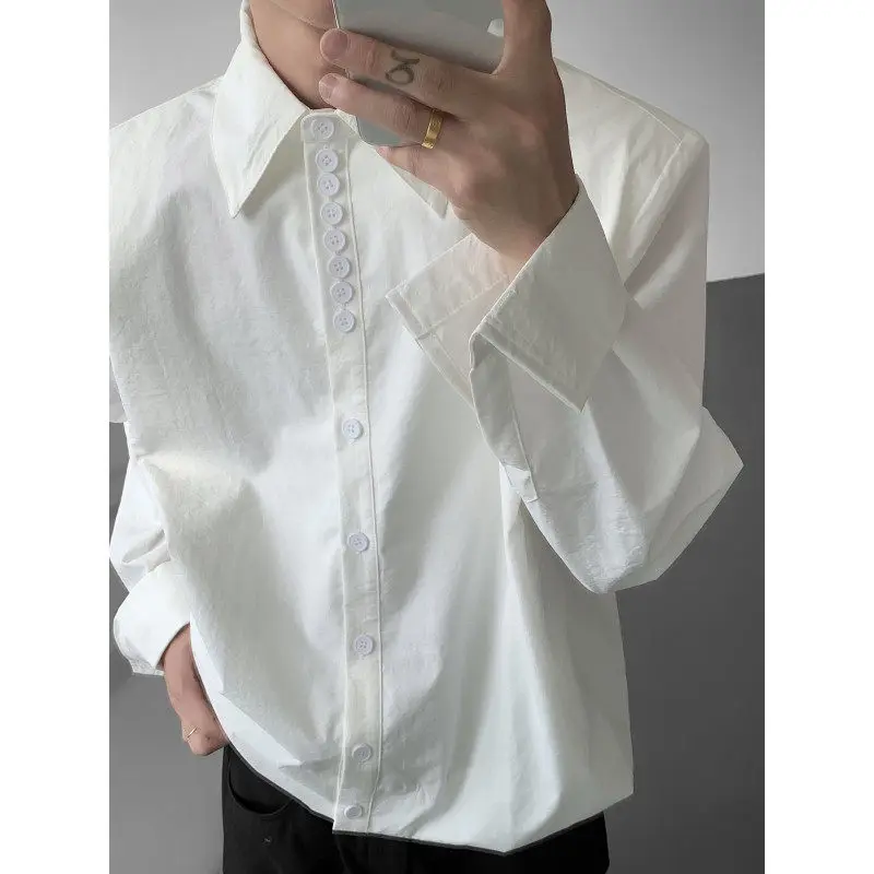 

Oulder Pad irt Мужская Faion Urban Sle Button Decoration Haome Outer White irt Подставка для пальто Fit Long Sve Breat...