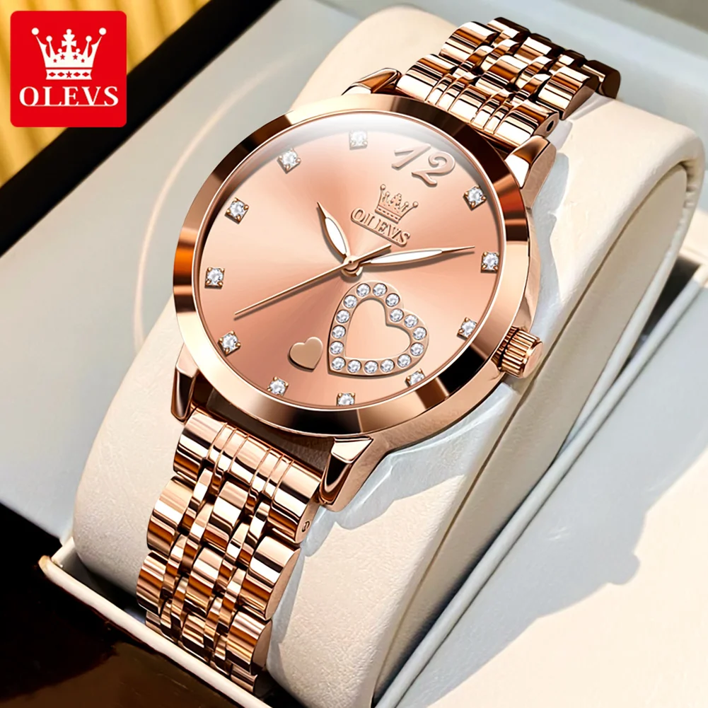 OLEVS 5189 Luxe dames origineel quartz horloge Diamant hartvormige wijzerplaat Waterdicht lichtgevend roestvrij staal dameshorloge Elegant