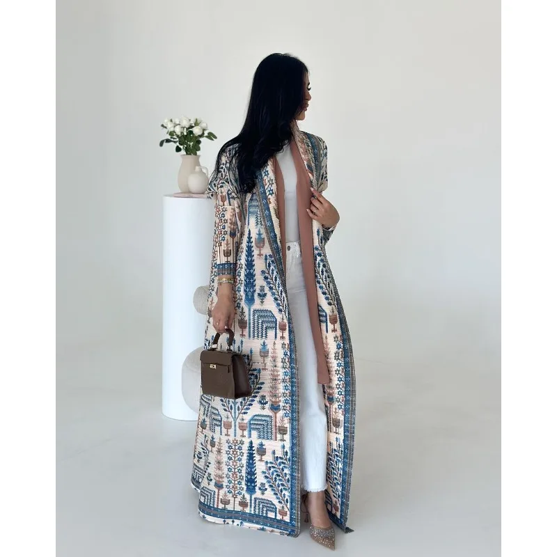 KAF Pleated Women Fashion Trench Coat Vintage Printed Cardigan Design Loose Large Size Arabian Female Luxury Abaya 2024 New