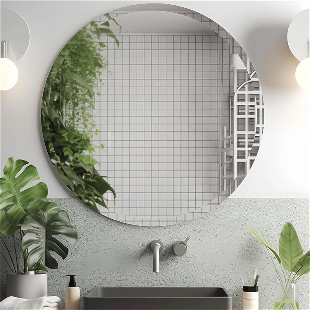 Frameless Round Wall Mirror Decorative Mirrored Glass Vanity with Beveled Silver Edge for Bathroom Bedroom Livingroom Entry Hall