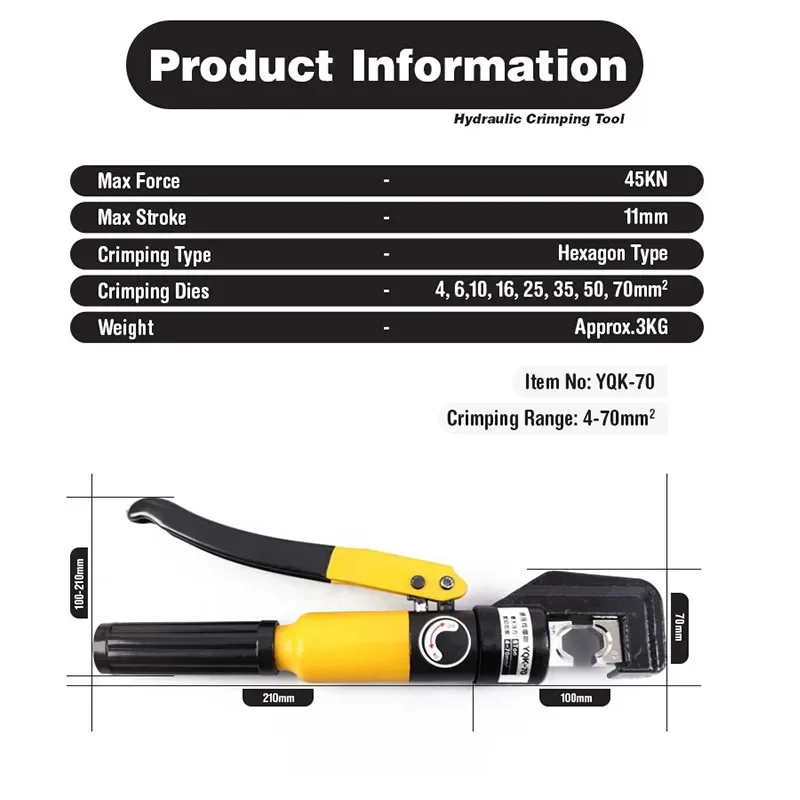 Hydraulic Crimping Plier YQK-70 Hydraulic Crimping Tool Hydraulic Compression Tool Range 4-70mm Pressure 6T