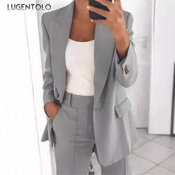 Women Suits 2 Pieces Set Fashion Lapels Single-button Coat Straight Leg Slim Pants Elegant Commuter Casuals Outfit Available 5XL