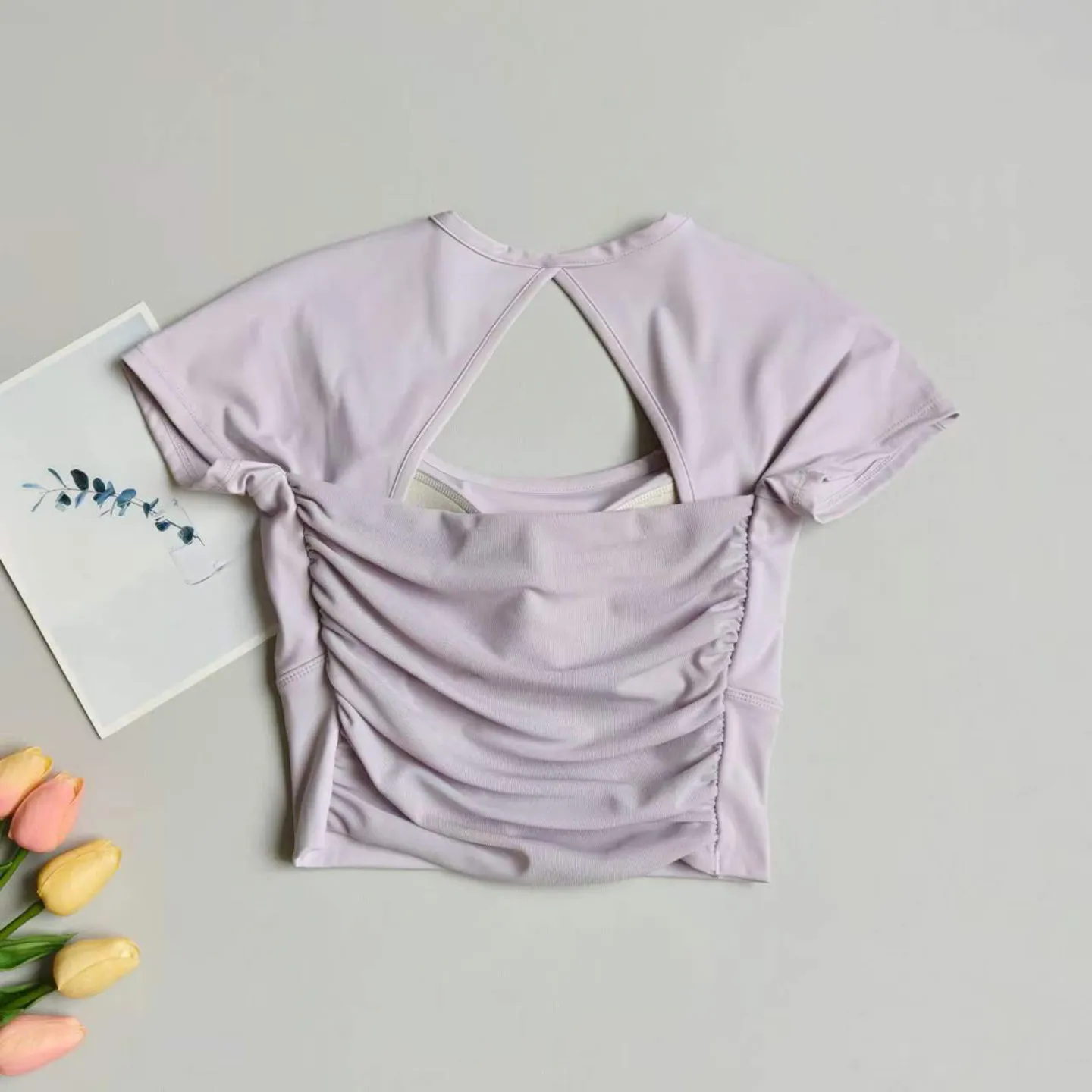 Women's Yoga Shirt Cushion Short Sleeve Breathable Quick Dry Mesh Beautiful Back Fixed Cup Pilates Training Tops Running Shirt
