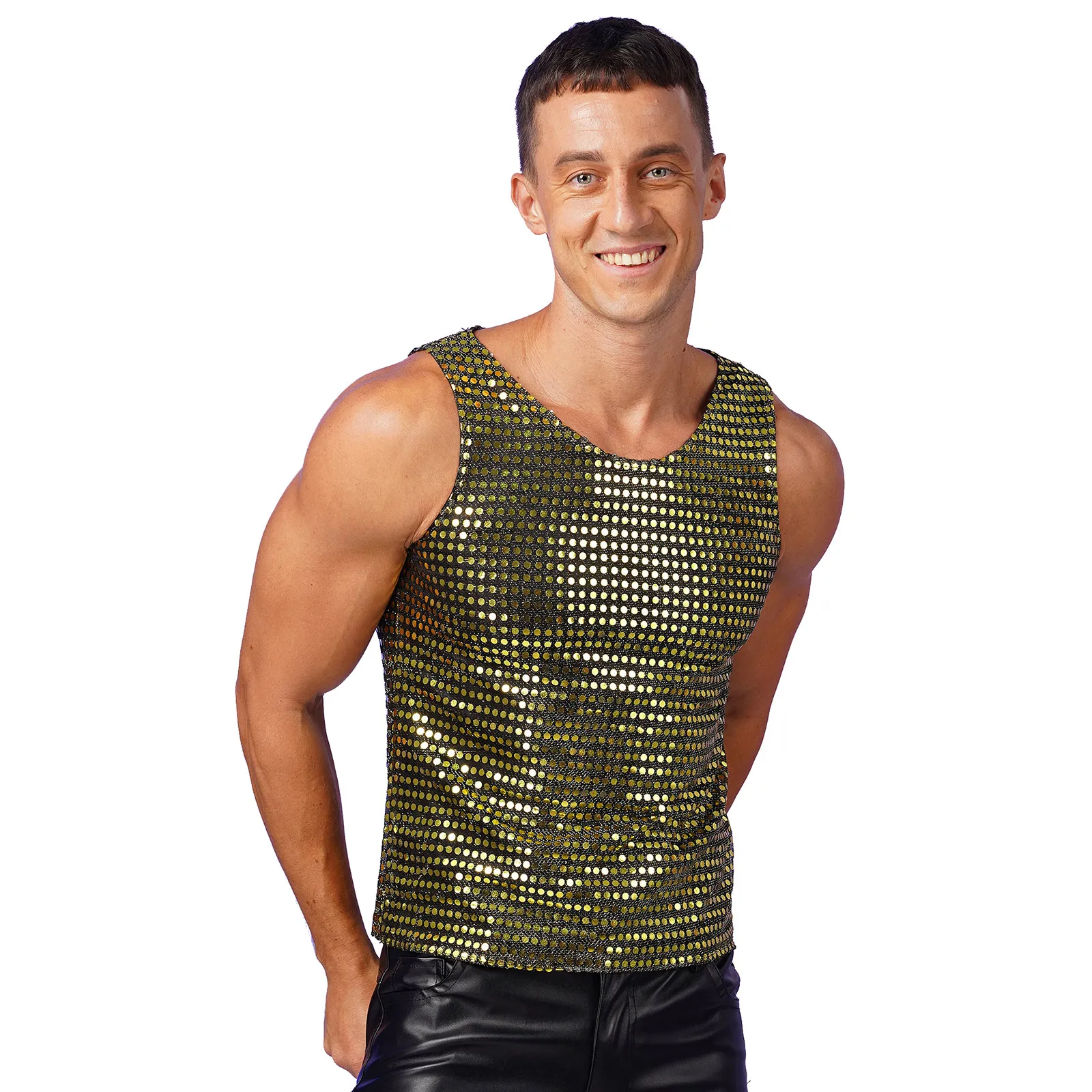 2023 New Mens T-shirts Shiny Sequins Sleeveless Loose Tank Tops Fashion Christmas Performance Clothing Nightclub Party Waistcoat